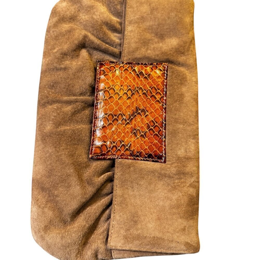 Vintage Ruth Saltz Suede Clutch – Brown with Snakeskin Accent – 1970s/80s - Picture 3 of 5